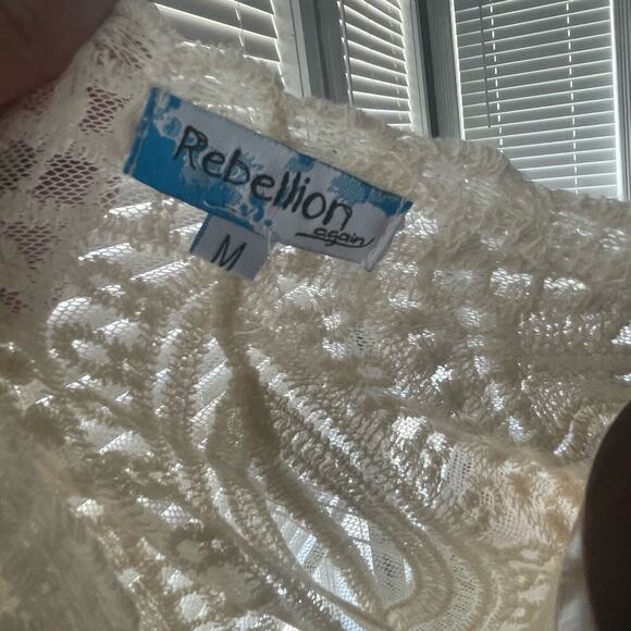 Rebellion Again Size Medium Crochet Sheer Kimono Duster Cream Ivory Boho - Picture 2 of 5